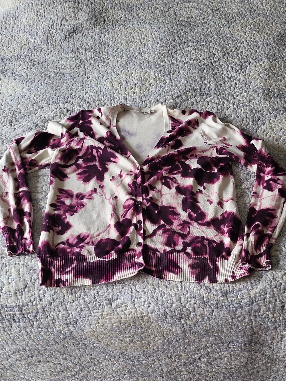 Cream and Plum Floral Button-Front Women's Cardigan